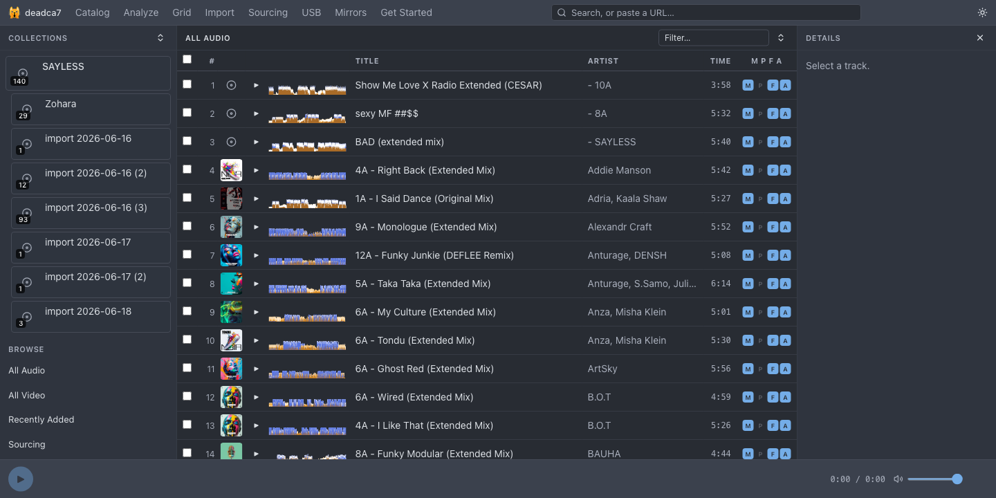 The deadca7 catalog — collections, cover art, and three-band waveforms you click to play